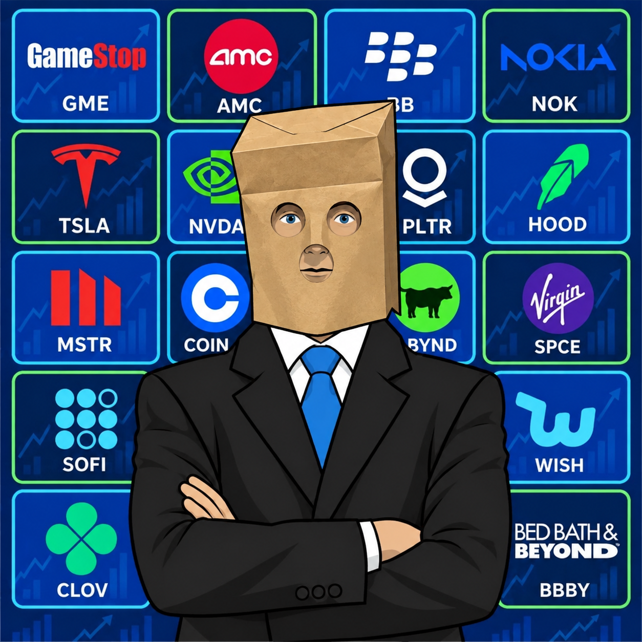 Anonymous trader wearing a paper bag and a blue tie in front of a neon stock ticker wall